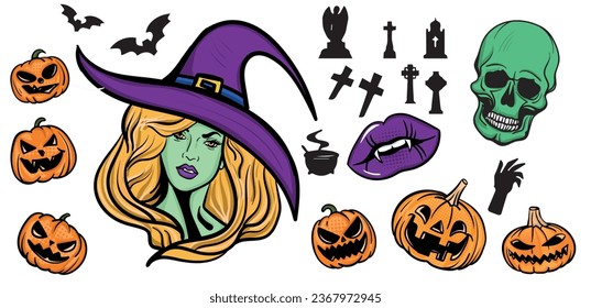 Juego de stickers de Halloween. Ilustración de arte vector dibujada a mano.