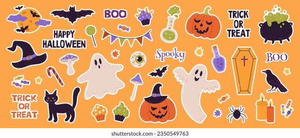 Set of Halloween stickers. Hat, ghost, bat, candy, funny pumpkins, cat. Perfect for scrapbooking, greeting card, party invitation, poster, tag. Hand drawn vector illustration.