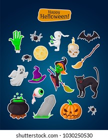 Set of halloween stickers. Holidays pictograms collection of pumpkin, ghost, magic hat, pot, potion, skull, zombie, witch, bat, spider, eye, grave, broom, moon, hand, black cat.