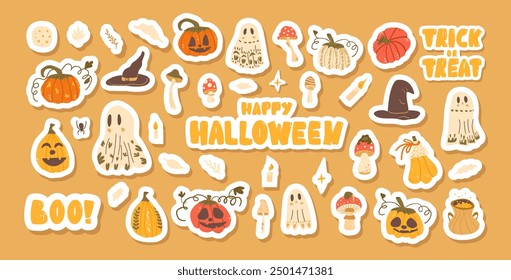 Set of Halloween stickers isolated. Pumpkins, ghosts, witch hats and lettering emblems kit. Collection of autumn festive. Vector hand drawn flat illustration.