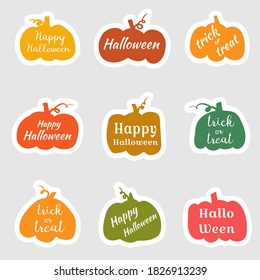 Set of Halloween stickers. Multicolored collection of labels with inscriptions. Cute holiday symbols. Happy Halloween, truck oк treat. Isolated. Vector illustration