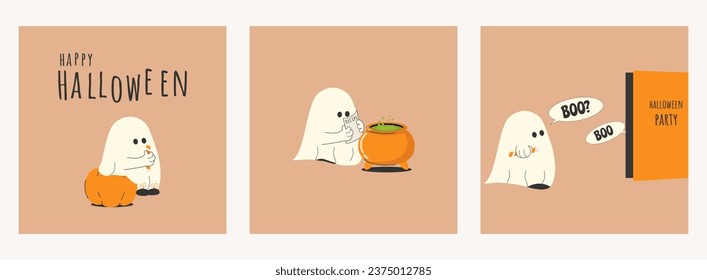 set of Halloween stickers, postcards in a minimalistic cartoon doodle style with a cute spooky in different poses and emotions, isolated.The ghost brews a potion, goes to a party.Vector illustration.