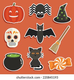 set of halloween stickers with pumpkin, spider, cauldron, cat, witches hat, skull, broomstick, black cat and candy
