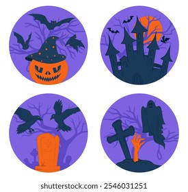 Set of Halloween stickers. Pumpkin in witchhat with black bats. Silhouette of castle, tombstone at cemetery. Holiday of fear and horror. Flat vector collection isolated on white background