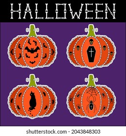 Set of Halloween stickers. Pumpkins with bones, bat, coffin, skull, cat, mouse, spider, spiderweb. One bone is stuck in a peduncle. Bone letters inscription. Funny stickers. Vector