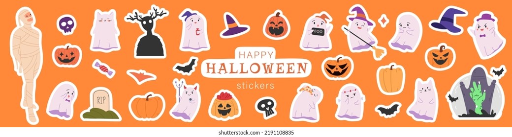 Set of Halloween stickers. Pumpkins, ghosts, mummy and bats. Isolated sticker pack with Halloween elements. Cool patches, pins in cartoon style. Flat vector stickers