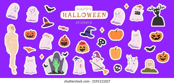 Set of Halloween stickers. Pumpkins, ghosts, mummy and bats. Isolated sticker pack with Halloween elements. Cool patches, pins in cartoon style. Flat vector stickers