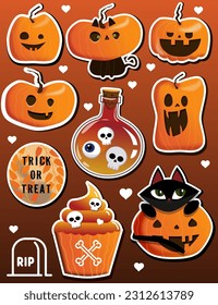 Set of Halloween stickers. Pumpkins, ghosts and bats. Isolated sticker pack with Halloween elements. Cool patches, pins in cartoon style. Flat vector stickers