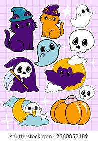Set of Halloween stickers. Pumpkins, ghosts and bats. Isolated sticker pack with Halloween elements. Cool patches, pins in cartoon style. Flat vector stickers
