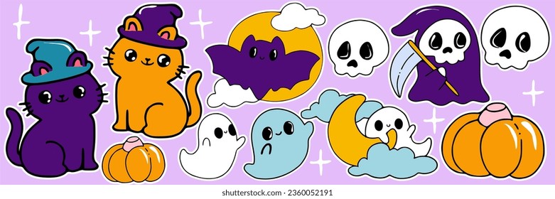Juego de stickers de Halloween. Calabazas, fantasmas y murciélagos. Paquete de emoticones aislados con elementos de Halloween. Parches fríos, pines al estilo de las caricaturas. Pegatinas vectoriales planas