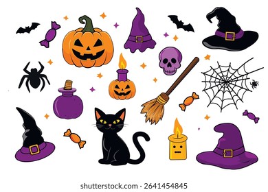 set of halloween stickers with pumpkins, spider webs, stars, witch hats, broom and cat on white background