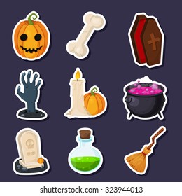 Set of Halloween stickers related objects and creatures. Set of halloween icons for your design. Flat design. Halloween symbols.