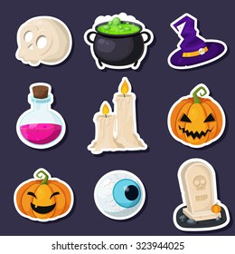 Set of Halloween stickers related objects and creatures. Set of halloween icons for your design. Flat design. Halloween symbols.