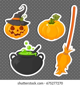 Set of Halloween stickers related objects and creatures. Set of halloween icons for your design. Flat design. Halloween symbols.