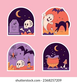 Set of halloween stickers with tombstone, candle, decorated skull, bones, ghost, black cat, bat, witches cauldron, fly agaric, moon and stars. Night at the cemetery. Vector illustration