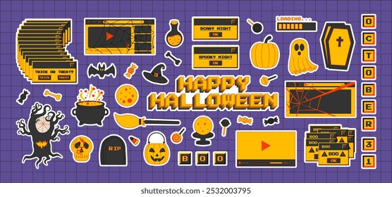 Set of Halloween stickers in trendy y2k style. Old computer aesthetics of 90s, 00s. Retro PC elements, user interface. Vector illustration