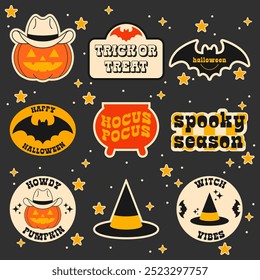 Conjunto de adesivos de Halloween. Elementos de design vetorial. Coleção de Halloween. Assustador, Truque ou Teta, Abóbora, Y2K.