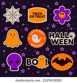 Set of Halloween Stickers. Vector Design Elements. Collection of Halloween. Spooky, Trick or Teat, Ghost, Y2K.