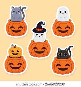 Set of Halloween stickers. Vector illustration in flat style.