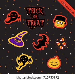 A set of Halloween stickers vector, scrapbook, gift tags, stickers collection for celebration Halloween holiday with ghost, Frankenstein monster, pumpkin, bat, candy; witch's hat; and Jack-o-Lantern. 
