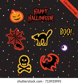 A set of Halloween stickers vector, scrapbook, gift tags, stickers collection for celebration Halloween holiday with ghost, skeleton, skull, pumpkin, bat, cat, spider, monster eye and Jack-o-Lantern. 