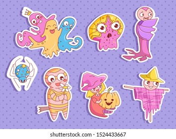 Set of Halloween stickers. Witch, spider, Ghost, Scarecrow, skull, vampire, mummy