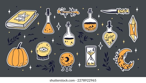 Set of Halloween stickers. Witchcraft and Magic Illustrations.