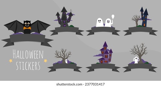 Set of Halloween stickers without text. Stickers with scary houses, trees, ghosts and bat. Stickers on a gray background for sale, promotions. Flat cartoon illustration.