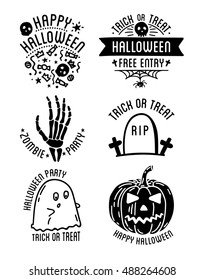 Set of Halloween stylish logos with traditional pumpkins, graves and skulls. Black vector illustration for card, invitation and banner. Isolated on white background.