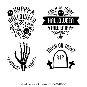 Set of Halloween stylish logos with traditional pumpkins, graves and skulls. Black vector illustration for card, invitation and banner. Isolated on white background.
