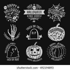 Set of Halloween stylish logos with traditional pumpkins, graves and skulls. Black vector illustration for card, invitation and banner. Isolated on white background.