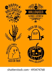 Set of Halloween stylish logos with traditional pumpkins, graves and skulls. Black vector illustration for card, invitation and banner. Isolated on white background.