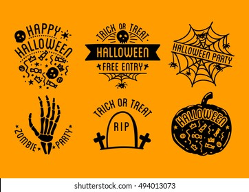 Set of Halloween stylish logos with traditional pumpkins, graves and skulls. Black vector illustration for card, invitation and banner. Isolated on white background.