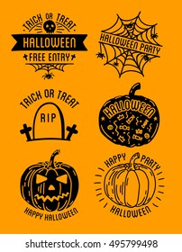 Set of Halloween stylish logos with traditional pumpkins, graves and skulls. Black vector illustration for card, invitation and banner. Isolated on white background.