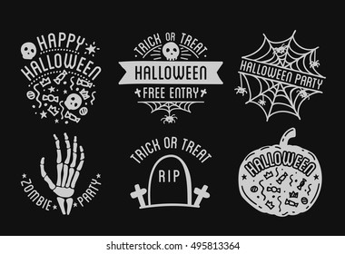 Set of Halloween stylish logos with traditional pumpkins, graves and skulls. Black vector illustration for card, invitation and banner. Isolated on white background.