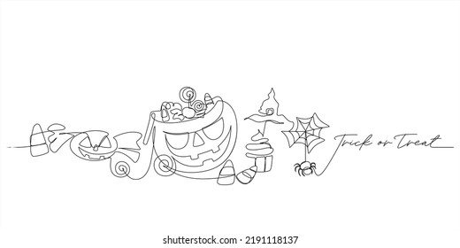 set halloween sweet celebration party in continuous line drawing style vector illustration