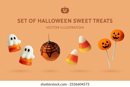 Un conjunto de dulces de Halloween golosinas 3D artículos de Vector: Gomitas de fantasma blanco, Manzana de telaraña, maíz de caramelo, calabaza Lollipop