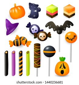 Set of Halloween sweets and bonbons. Various chewy candies and lollipops for trick or treating custom. Can be used for topics like celebration, confectionary, dessert