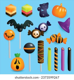 Set of Halloween sweets and bonbons. Various chewy candies and lollipops for trick or treating custom. Can be used for topics like celebration, confectionary, dessert