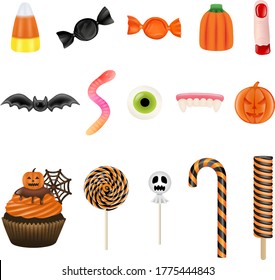 set of halloween sweets. Halloween candies, cupcake and lollipops 