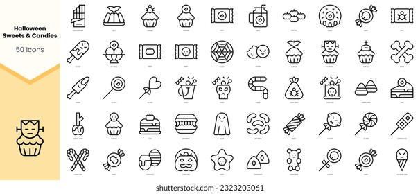 Set of halloween sweets and candies Icons. Simple line art style icons pack. Vector illustration