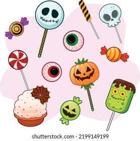 Set of Halloween sweets for children. Vector candies decorated with Halloween elements and ornaments made in traditional October holiday colors.