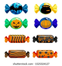 Set Halloween sweets colorful with halloween characters and elements. Candies lollipops chocolate autumn holiday colors. Vector isolated illustration