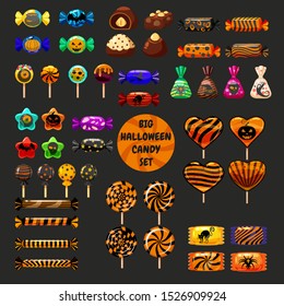 Set Halloween sweets colorful with halloween characters and elements. Candies lollipops jelly chocolate autumn holiday colors. Vector isolated illustration