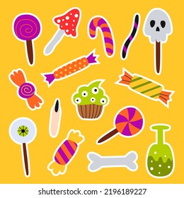 Set halloween sweets stickers. Cupcake, lollipops, candies, sugar cane and cookies. Trick or treat elements. Holiday design.