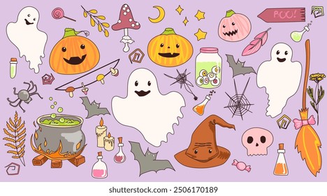 Conjunto de símbolos de Halloween con escoba. botellas de caldera de pociones y fantasmas. Calabazas y murciélagos con arañas. Por supuesto, aquí también. Todo está en bonitos colores gris-rosa. Ilustración vectorial