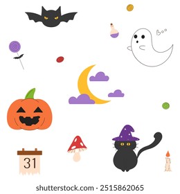 Conjunto de símbolos de Halloween. Colección de luna, truco o trato, calabaza de miedo, fantasma, gato, murciélago, caramelos y otros Elementos de Halloween. Ilustraciones planas del Vector en un fondo blanco