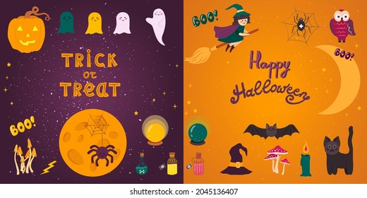 Set of Halloween symbols. Funny and cute Halloween elements. Orange and violet background. Happy Halloween and Trick or Treat lettering. Trendy Illustration. Good for web and print