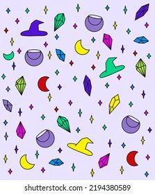 Conjunto de símbolos de halloween. Patrón con sombrero de bruja, cristales mágicos, estrellas y lunas. Uso para envolturas, antecedentes, ventas, invitaciones, promociones, volantes.