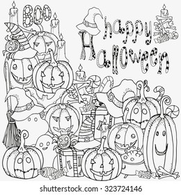 Set of Halloween symbols pumpkin, broom, bat, spider webs.  Hand-drawn decorative elements in vector. Black and white pattern.  Made by trace from sketch. Zentangle. Pattern for coloring book.